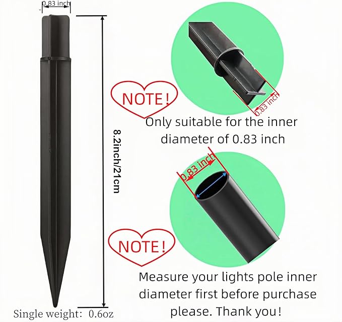 8.25" Reinforced ABS Plastic Solar Ground Spikes - Durable Solar Light Replacement Stakes for Garden, Pathway, Deck, Camping, Christmas Lights (Fits 0.83" Inside Diameter) (Black-6 Pack) Rootora