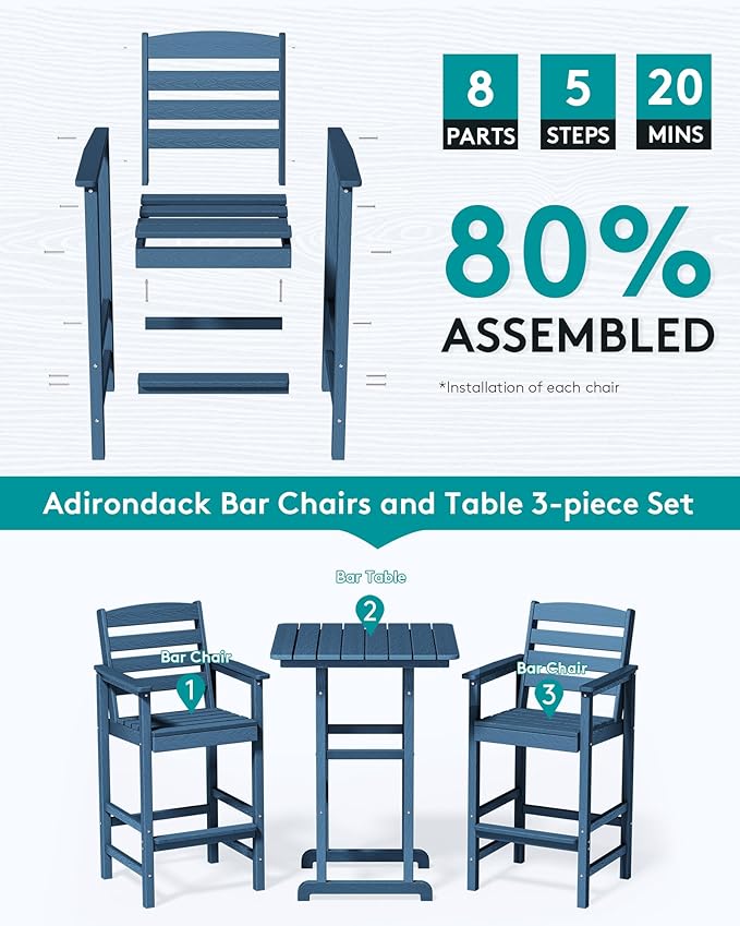 SERWALL 4 Pieces Outdoor Patio Bar Set with 9ft Umbrella, Outdoor HDPE Barstool and Table Furniture Set with Patio Umbrella, Blue SERWALL