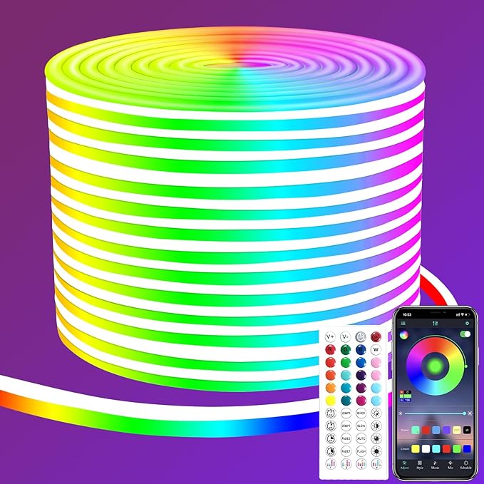 50ft RGB LED neon Rope Lights LED neon Lights with Remote Control/APP Control IP65 Waterproof Flexible Neon LED Strip Lights for Bedroom Room Outdoors Décor segrass