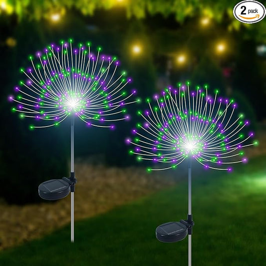 Solar Garden Lights Outdoor Waterproof, 2 Pack 120 LED Solar Firework Lights Decorative Garden Décor Outside for Flowerbed Pathway Party Halloween Christmas Decorations, Green + Purple Slyuexu