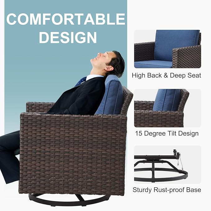 Belord 6 Piece Outdoor Furniture Patio Wicker Sofa Set, Oversize Outdoor Swivel Rocker Chairs with Rattan Ottomans, Conversation Sets Patio Furniture Come with Removable Washable Cushion Blue, Brown Belord