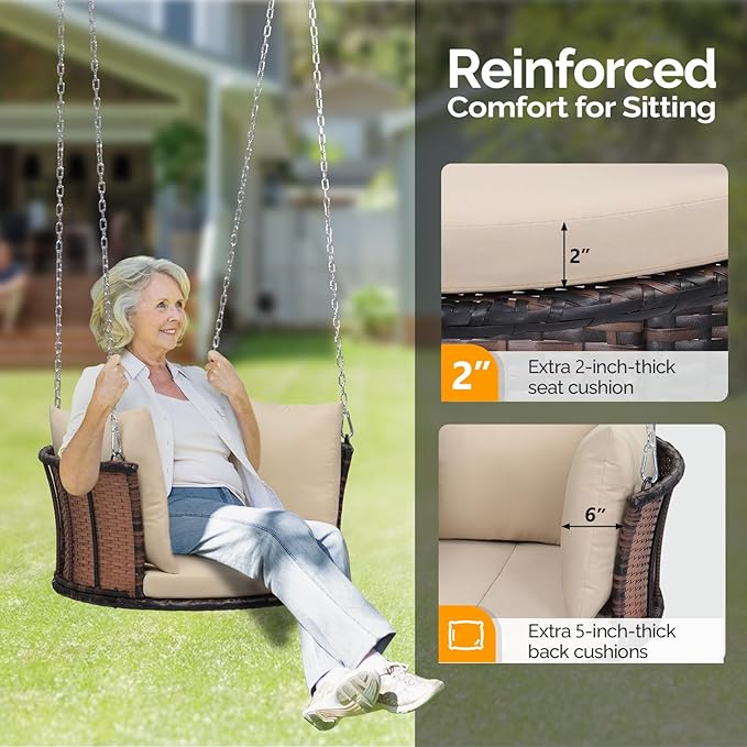 VINGLI 2.4 FT 1-Person Use Round Rattan Porch Swing Outdoor Support 440 LBS with Cushions & Adjustable Chains, Patio Wicker Swing Bench Chair for Garden, Yard, Lawn, Tree, Brown VINGLI