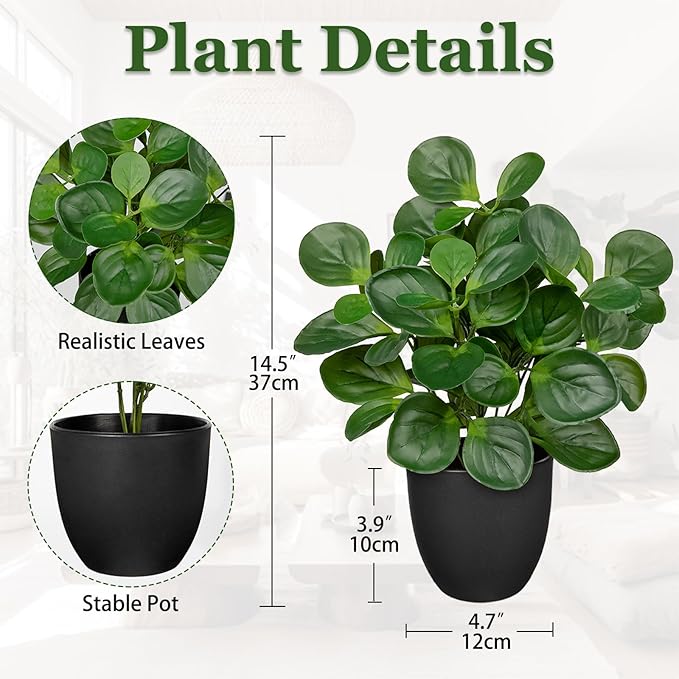 14.5" Artificial Plants Indoor Home Decor, Fake Potted Silk Plants for Shelves Living Room Decorative, Small Artificial Office Desk Plants in Pots, Faux Peperomia Hope Tropical House Plant VillaComo
