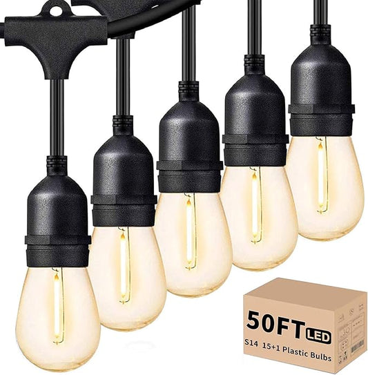 Svater Outdoor Led String Lights 50FT, Patio Lights with 16pcs S14 Shatterproof Bulbs, 1 Watt E26 Dimmable 2700K Warm White, IP65 Waterproof, Commercial Grade Light Svater