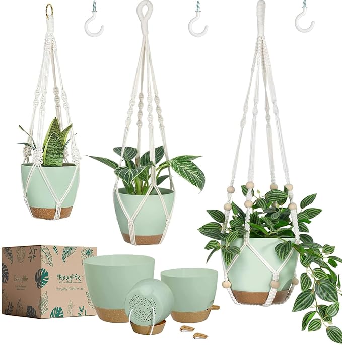Self Watering Hanging Planters for Indoor Plants 3 Pack Macrame Plant Hangers with Drainage Holes Pots and Hooks for Home Garden Decor Green Bouqlife