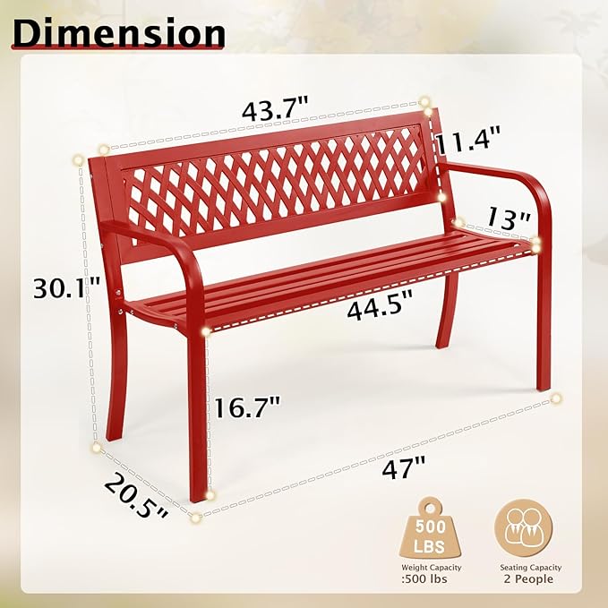 VINGLI 47'' Outdoor Bench, Weather Resistant Garden Patio Bench Powder Coated Iron Frame w/PVC Mesh Backrest Slatted Seat, 2-Person Outdoor Furniture for Front Porch Entryway Park (Red) VINGLI