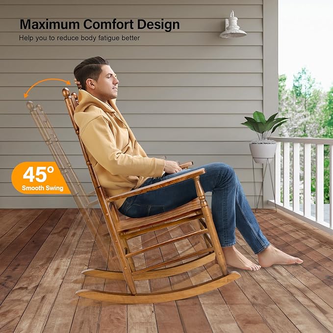 VINGLI Wooden Rocking Chair, Outdoor Chair with 450 lbs Support, Relaxing Rocker with Solid Wood High Back Seat Reclining Seat for Deck, Garden, Backyard, Porch, Indoor or Outdoor Use (Teak, 2PCS) VINGLI