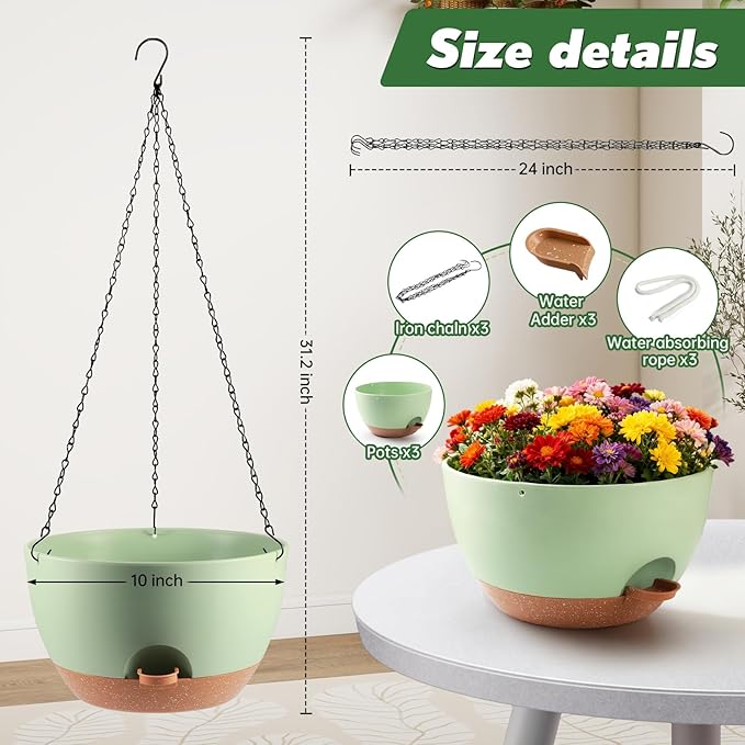 3-Piece Set of 10-Inch Hanging Planters with Automatic Watering System and Drip Tray, Includes Metal Chain, Suitable for Various Indoor and Outdoor Plants and Flowers, Green Brown Rootora