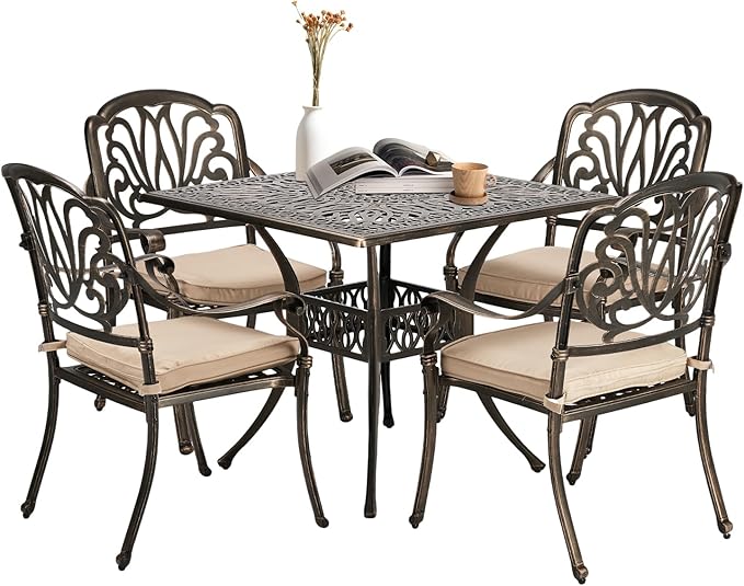 VINGLI 5-Piece Outdoor Patio Dining Set, Cast Aluminum All-Weather Outdoor Table and Chairs w/Cushion, Outdoor Furniture Set w/Umbrella Hole for Backyard Deck Poolside (Square, Elizabeth Back) VINGLI