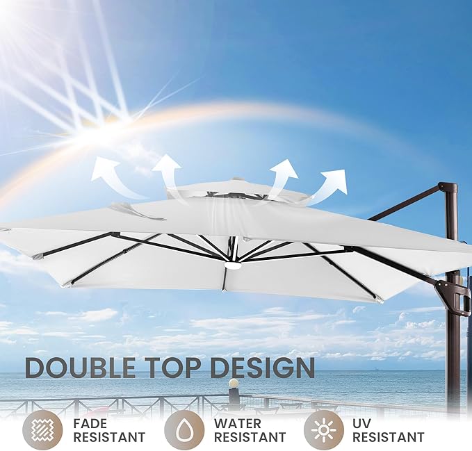 10 X 13 FT Cantilever Patio Umbrella with Led Lights and Base Included Outdoor Heavy Duty Double Top Rectangle Offset Umbrellas with 360-degree Rotation for Pool Deck Backyard, Foggy Grey Ombrellon