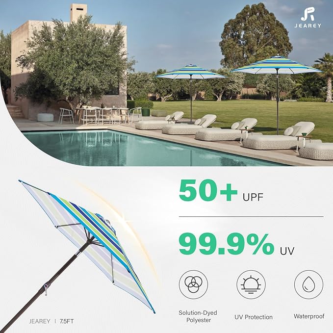 JEAREY 7.5FT Patio Umbrella Market Table Umbrella with 6 Sturdy Ribs, Push Button Tilt/Crank Outdoor Umbrella for Garden, Deck, Backyard, Pool and Beach,Bold Blue-Green Stripe JEAREYOutdoorsCollection