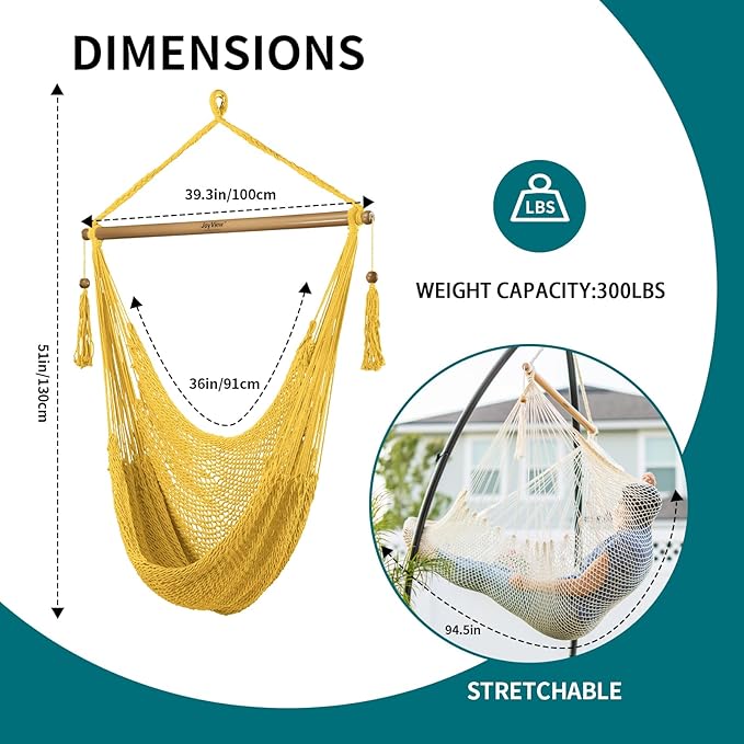 JoyView Hammock Chair with Spreader Bar Caribbean Hammock Swing Chair 300 LBS Weight Capacity XL Rope Hanging Chair for Outdoor Indoor Garden Yard - Yellow JoyView