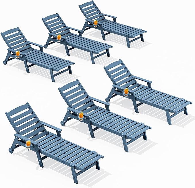 SERWALL Patio Chaise Lounge Chair Set of 6, 5 Positions Adjustable Poly Outdoor Lounger for Pool, HDPE Lounge Chair with Rolling Wheels & Cup Holder for Poolside, Deck, Blue SERWALL