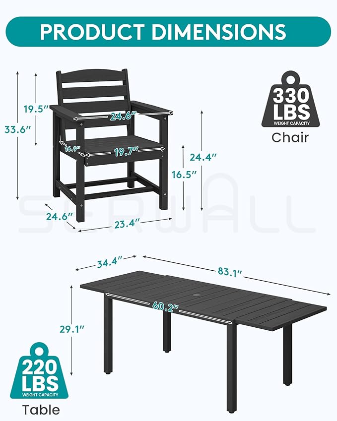 SERWALL 7-Piece Patio Dining Sets, 60" - 83" Expandable Outdoor Dining Table and 6 HDPE Chairs, All Weather HDPE Outdoor Furniture Set for Backyard, Garden, Black SERWALL