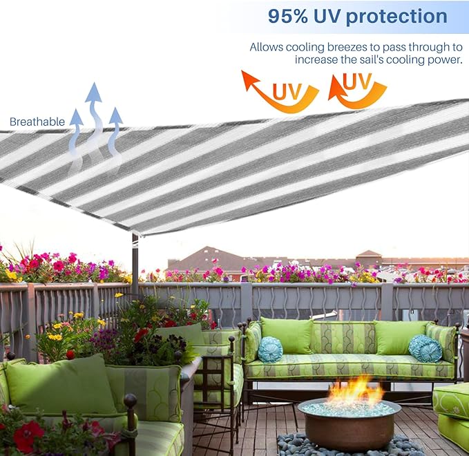 E&K Sunrise 7' x 7' x 7' Sun Shade Sail Triangle Canopy Shade Cover UV Block for Patio Backyard Garden Outdoor (Gray White Strip) EKSUNRISEINC