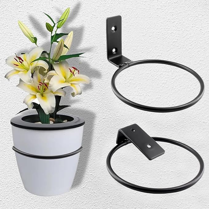 6 Pack 5 inch Flower Pot Holder Ring, Flower Pot Holder Ring Wall Mounted Set Wall Mounted Metal Planter Hanger Matte Black Hanging Plant Holder Jiozermi