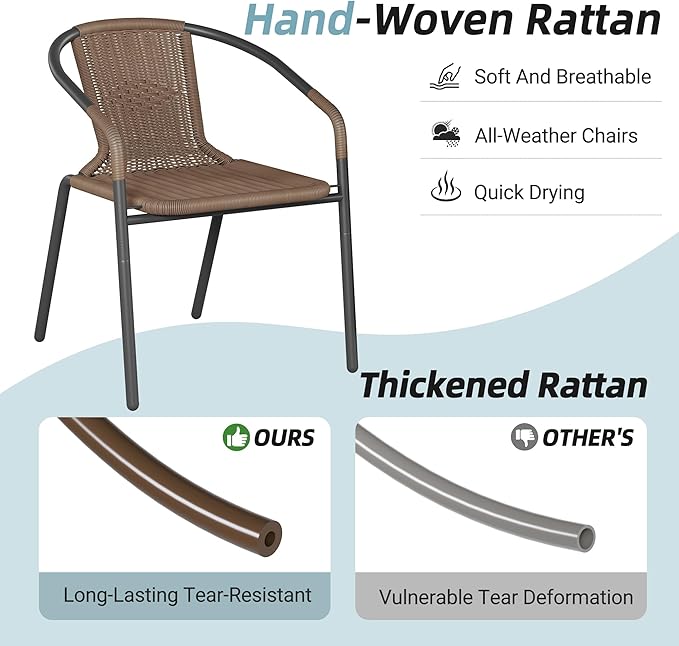 Amopatio Outdoor Dining Chairs Set of 6, Rattan Wicker Patio Chairs, Stackable Indoor-Outdoor Chairs, Bistro, Deck, Yard, Porch, 6 Pack, Brown Amopatio