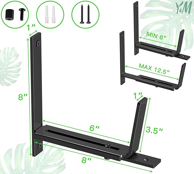 Y&M 2 Pack Adjustable Planter Box Brackets (6 to 12.5 in), Universal Window Box Brackets, Heavy Duty Iron Flower Box Wall Mounting Hooks for Balcony, Fences, Patio, and Garden - Black YM