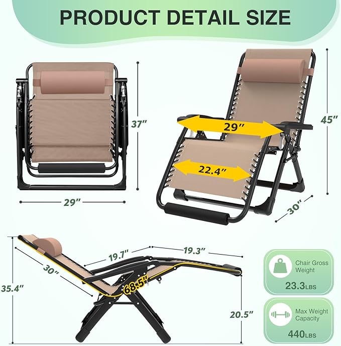 Suteck Oversized Zero Gravity Chair,29In XL Lounge Chair w/Removable Cushion&Headrest, Reclining Camping Chair w/Upgraded Lock and Footrest, Reclining Patio Chairs Recliner for Indoor Outdoor Suteck