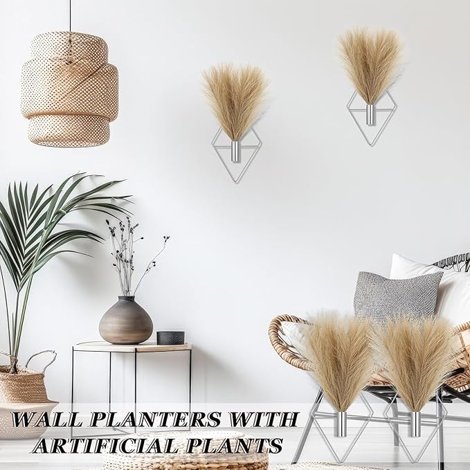 2 Pieces Boho Wall Decor Hanging Planters with Artificial Plants Metal Hanging Vase Indoor Plants Holder Modern Wall Art for Bathroom Bedroom Living Room Decor, Silver, Pampas Grass Canlierr