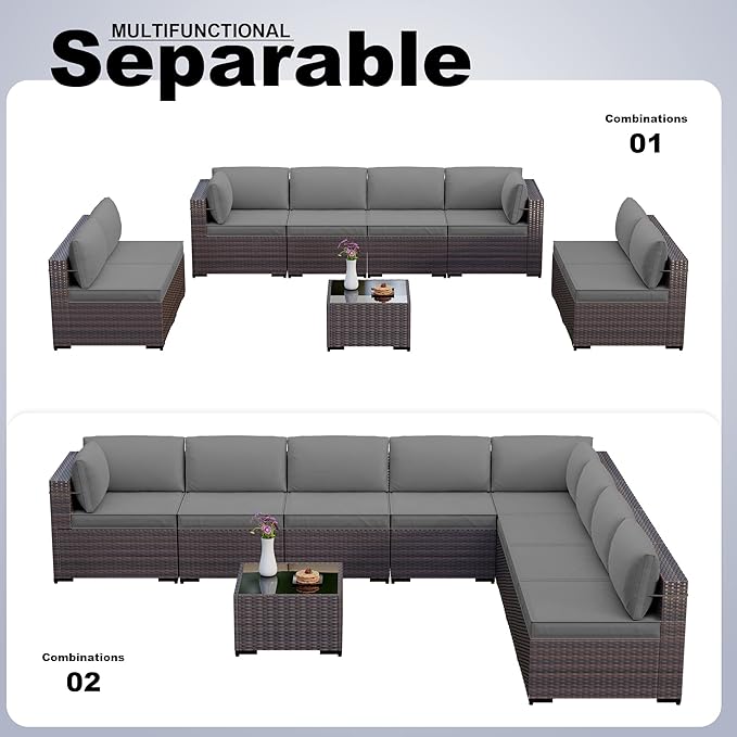Kullavik 9 Pieces Outdoor Patio Furniture Set PE Wicker Rattan Sectional Sofa Patio Conversation Sets,Grey KULLAVIK