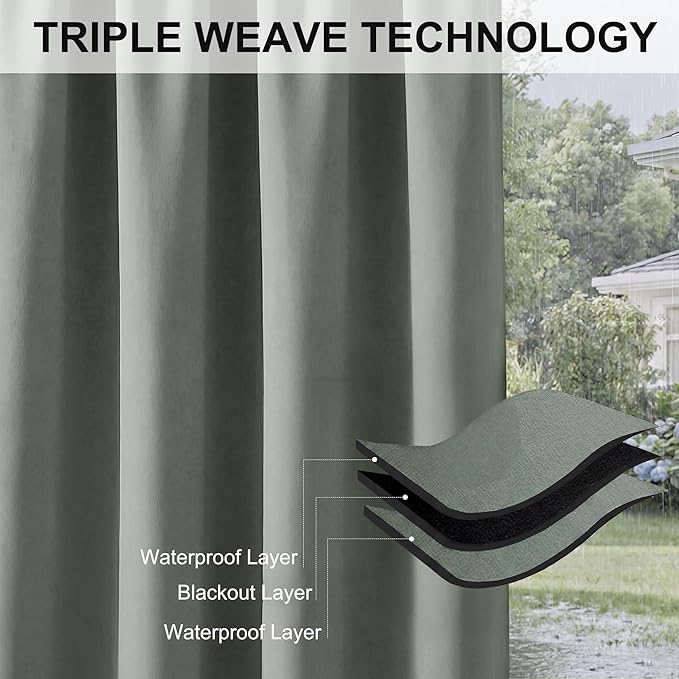 RYB HOME Outdoor Curtains for Patio Waterproof Block Sunlight Thermal Insulated Privacy Assured Thick Outside Curtains for Pergola, Cabana, Gazebo, W52 x L72, Sea Green, 1 Panel RYBHOME