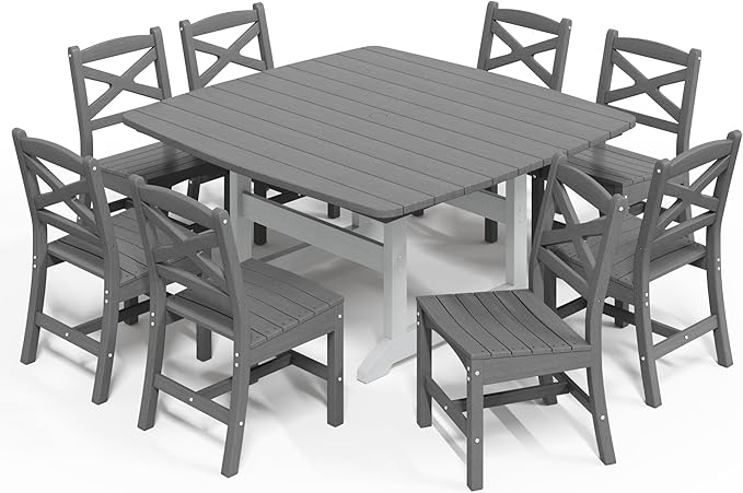 9-Piece Patio Dining Table Set, HDPE Outdoor Table and Chairs Set, All-Weather Outdoor Dining Set for 8 with Umbrella Hole, Durable Patio Furniture Set with Chairs,White Grey Rootora