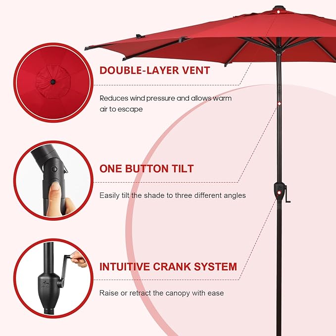 Abba Patio 11FT Lyon Outdoor Patio Umbrella Outdoor Table Umbrella with Push Button Tilt and Crank Market Umbrella 8 Sturdy Ribs UV Protection Waterproof for Garden Deck Backyard Pool Dark Red AbbaPatio