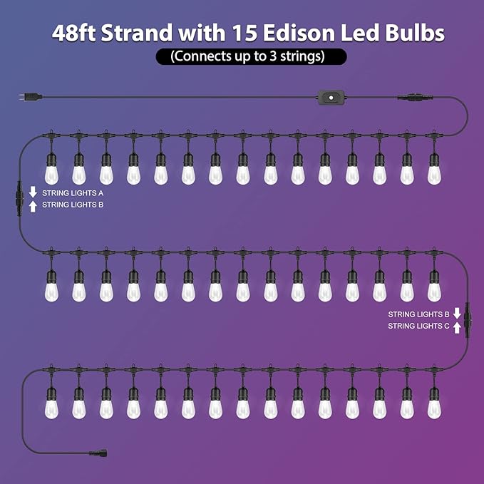 Mlambert 96Ft(2x48ft) Outdoor Patio Lights, RGB Dimmable Cafe String Lights with 30+5 Commercial Grade LED Edison Bulbs for Yard Balcony-Black 2 Pack Mlambert