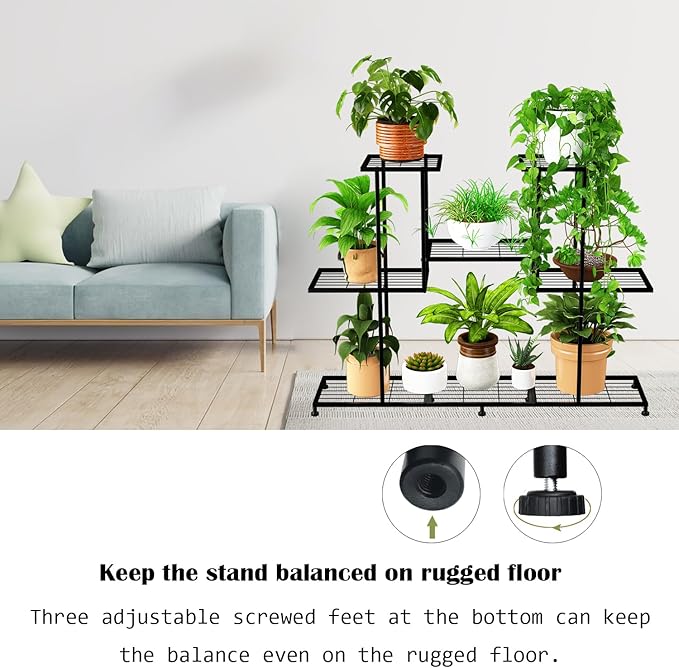 Twhep Metal Plant Stand, 5 Tiers Multifunctional Plant Stands for Indoor Plants, Decorative Black Steel Plant Shelf for Indoor Patio Garden Balcony and Yard (4 tiers 12 pots) Twhep