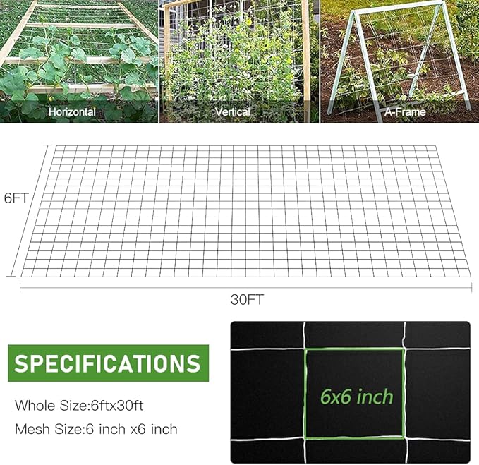 Trellis Netting, CANAGROW Heavy-Duty Garden Plant Trellis Netting for Climbing Plants, Outdoor Indoor Grow Net for Beans Tomatoes Peas Pumpkin Flowers, 6x30ft, 1 Pack CANAGROW