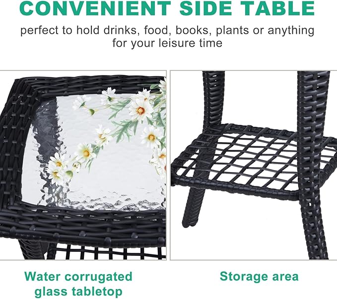 VINGLI Outdoor Side Table with Storage Wicker Patio Side Table, Tempered Glass Top End Table for Balcony Porch Deck (Black) VINGLI