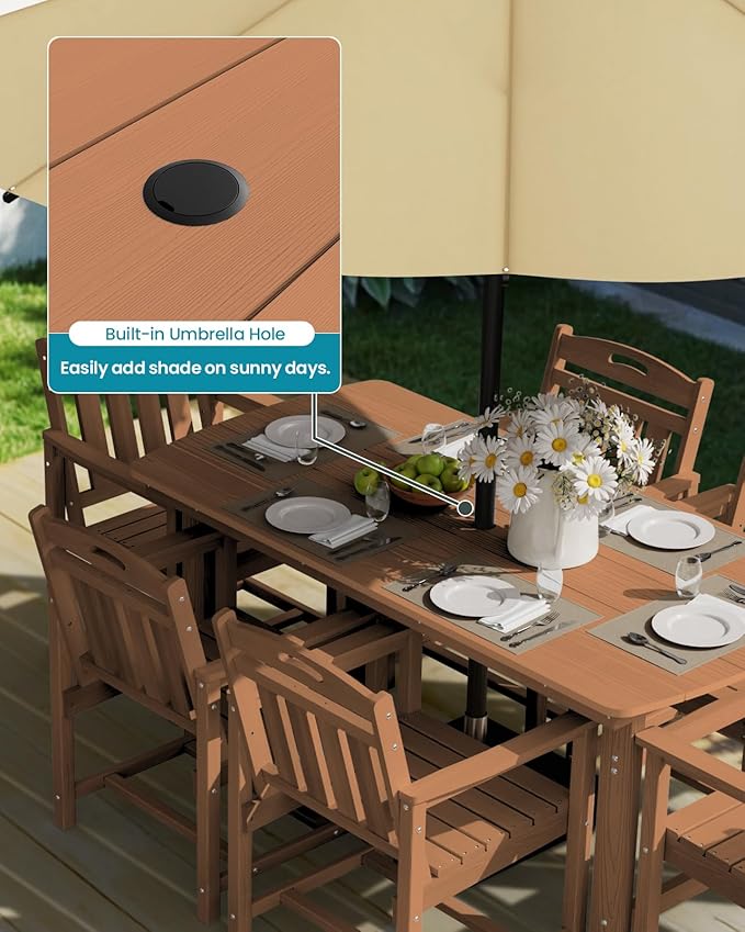 Ciokea HDPE Outdoor Dining Table with Umbrella Hole,66" Rectangle Patio Table for 6,All-Weather Outdoor Patio Furniture Set for Garden Backyard,Teak CIOKEA