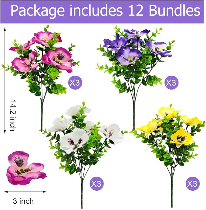 Pansies Artificial Flowers for Outdoors UV Resistant 12 Bundles Silk Pansy Plastic Fake Plants Flowers for Home Outside Garden Window Box Patio Planter Porch Decor (Mixed Color1) Guagb