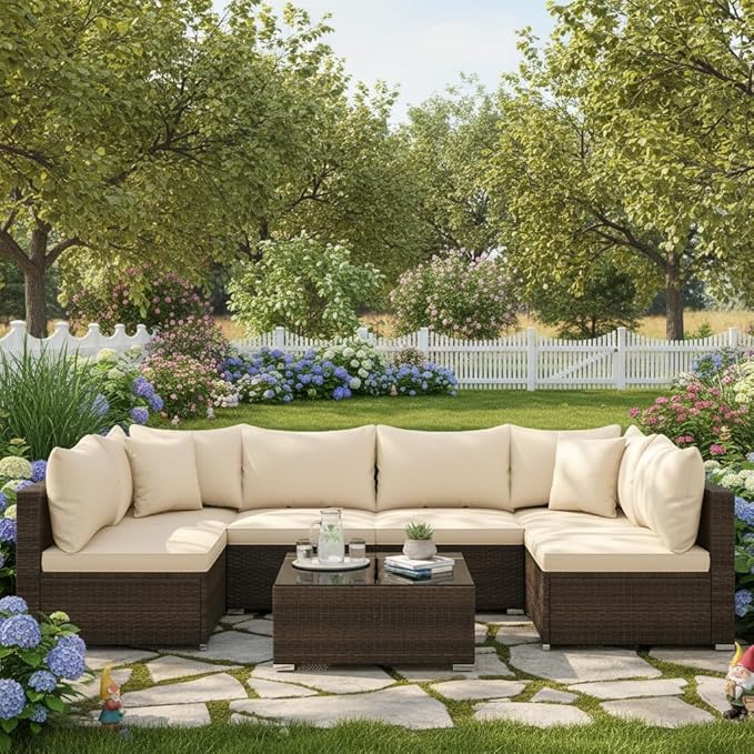 Tangkula 7 Pieces Wicker Patio Furniture Set, All-Weather Outdoor Rattan Sectional Sofa Set with Cushions & Tempered Glass Coffee Table, Outside Sofa Set for Garden, Lawn, Deck, Backyard TANGKULA