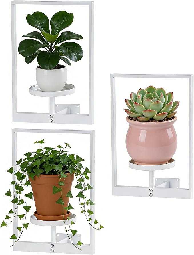 Wall Hanging Plant Stands Planter Shelves, Indoor Outdoor Window Plant Hanger Decor for Living Room Entryway (White 3-Pack) Rootora
