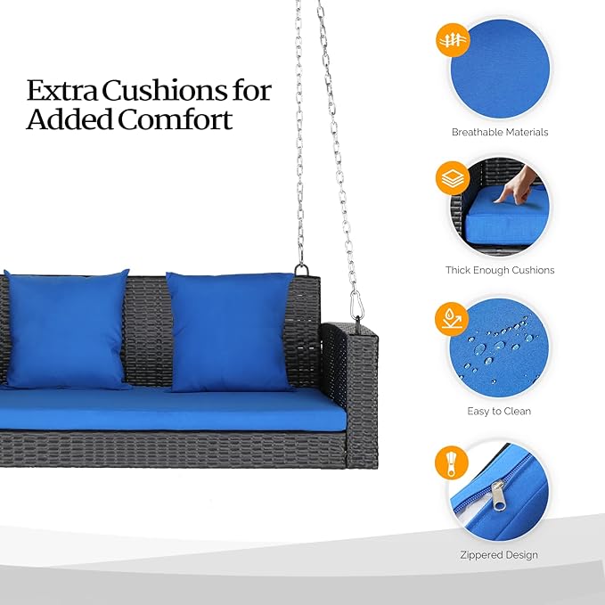 VINGLI Heavy Duty 800 LBS Wicker Hanging Porch Swing with Cushions & Chains, 4FT Outdoor Rattan Swing Bench for Garden, Yard, Lawn (Black+Blue) VINGLI