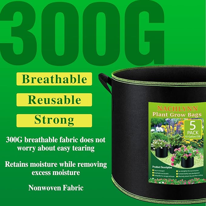 NACHLYNN 5-Pack 10 Gallon Grow Bags with Handles Thickened Nonwoven Fabric Pots Heavy Duty Aeration Fabric Pots Plant or Fruits Flowers Plant Createyourownlifestory