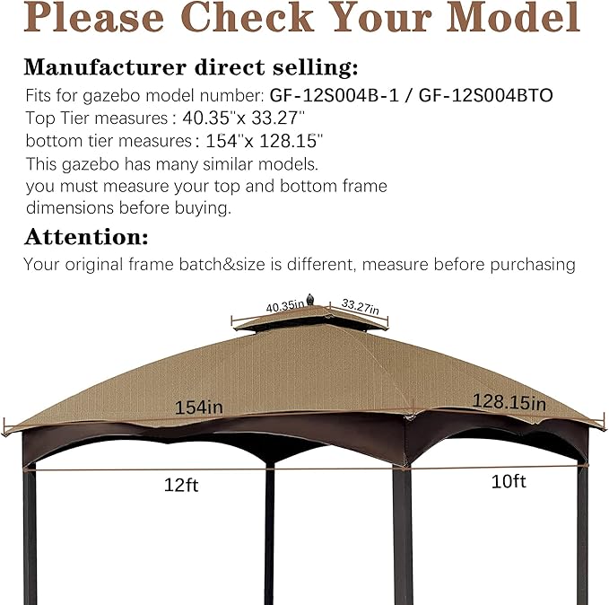 SCOCANOPY Khaki Ripstop Replacement Top for Lowe's Allen Roth 10X12 Gazebo Model #GF-12S004B-1/ GF-12S004BTO SCOCANOPY