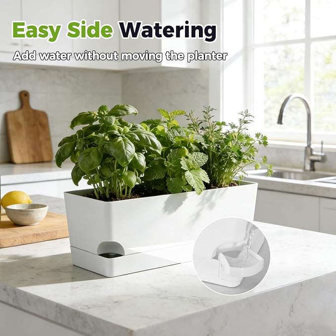 4 Pack Self Watering Pots for Indoor Plants 17 Inches Window Boxes Planters Rectangular Flower Pots Rectangle Herb Pots Large Plant Pots with Drainage Holes and Saucers Windowsill Planter, White KvyusFlourish