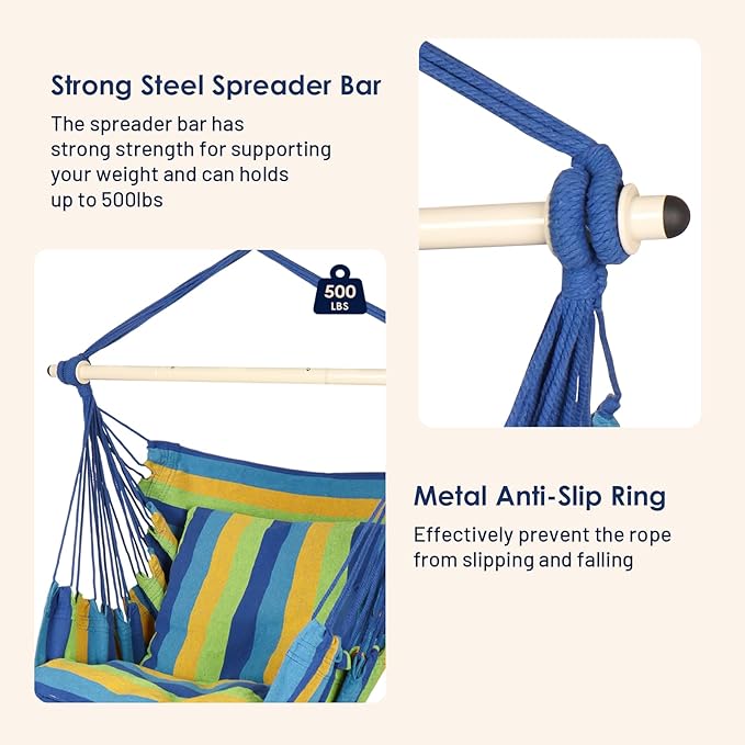 Highwild Hammock Chair Hanging Rope Swing - Max 500 Lbs - 2 Cushions Included - Steel Spreader Bar with Anti-Slip Rings - for Any Indoor or Outdoor Spaces (Blue Striped) Highwild