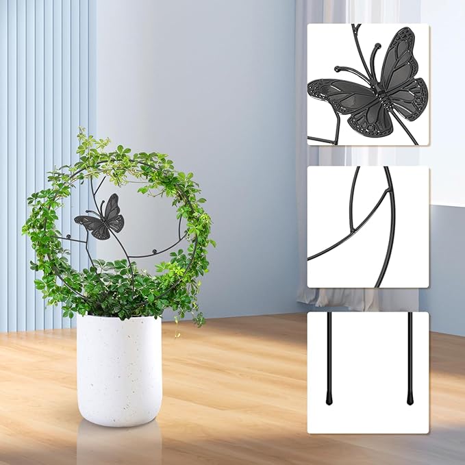 3Pack Trellis for Climbing Plants Indoor, Rust-Proof Trellis for Indoor Potted Plants Round Circle Trellis with Butterfly Houseplant Metal Wire Trellis for Vine Ivy Flower Plant Support DOTFOOT