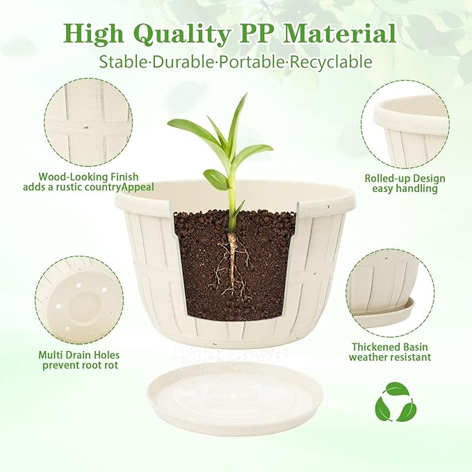 Quarut Plant Planters Pots Set of 4 Pack 16 Inch，Large Plastic Flower Pot for Indoor Plants with Drainage Holes & Trays, Whiskey Barrel Planters with Saucer for House Outdoor Garden Plant（White） Quarut