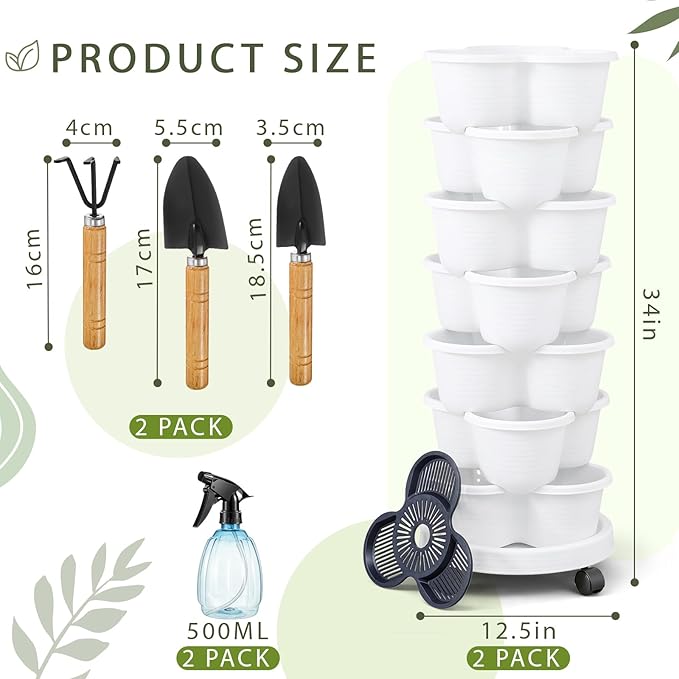 Umigy 2 Set White 7 Tier Stackable Vertical Planters with Removable Wheels and Tools Tower Planters Strawberry Herb Flower Vegetable Pots Indoor Outdoor Gardening Pots Umigy