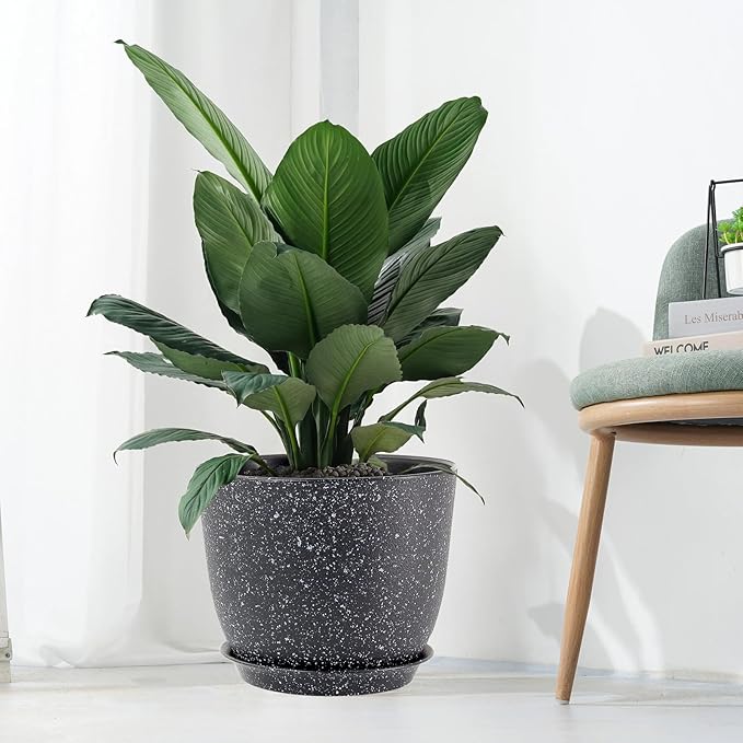 12inch Large Plant Pot, Modern Plastic Planter with High Driange Holes and Saucer for Indoor Outdoor Garden Plants and Flowers, Black Speckles UOUZ