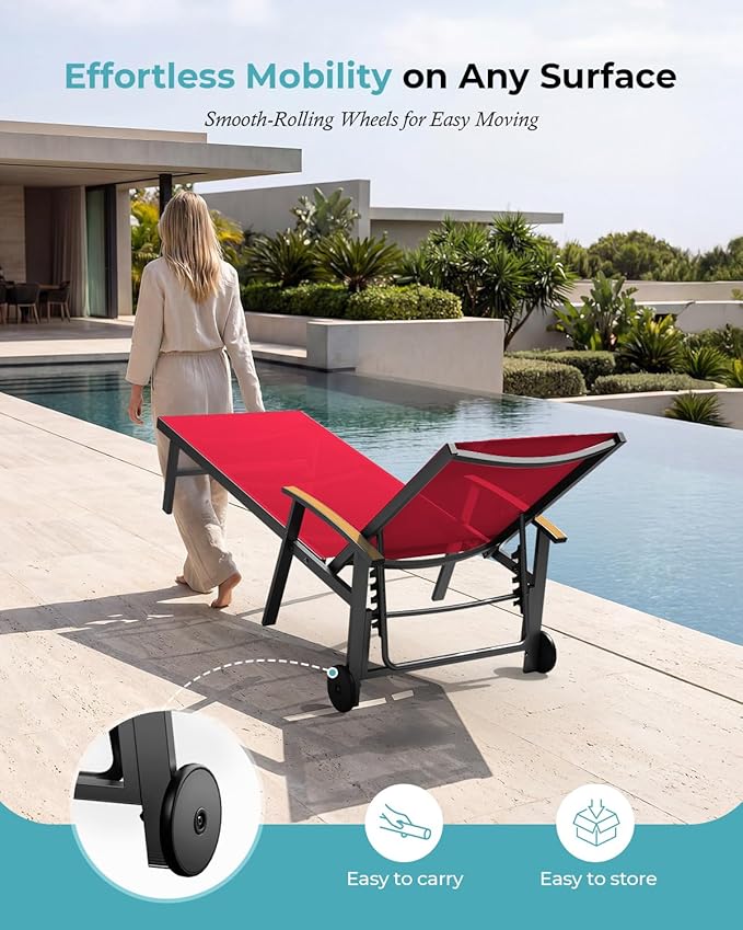 Ciokea Outdoor Lounge Chair with Pillow, 5-Position Aluminum Chaise Lounge with Wheels & Armrests, 400 lbs Heavy Duty Patio Pool Chair for Deck, Backyard, Beach & Poolside, Red CIOKEA
