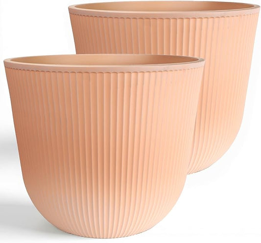 Worth Garden Round Large Planter Pot Set of 2, 17.5" Dia x 15.5" H - Durable Plastic Terracotta Plant Tree Pots with Vertical Stripe Textured Finish, Drainage Hole for Indoor Outdoor Front Porch Patio WORTH