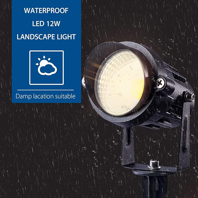SUNVIE Outdoor Landscape LED Lighting 12W Waterproof Graden Lights COB Led Spotlights with Spiked Stand for Lawn Decorative Lamp US 3- Plug 6500K Daylight White (2 Packs) SUNVIE