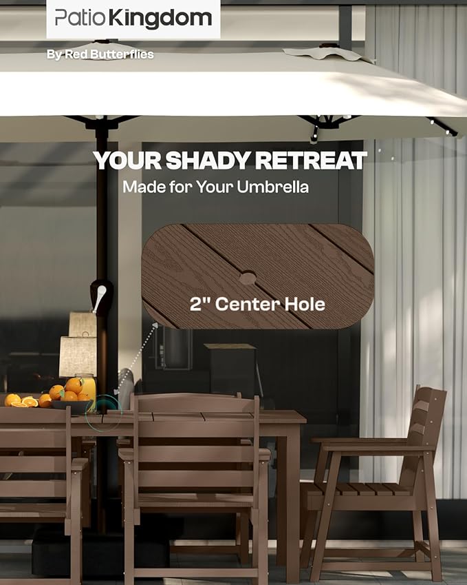 9-Piece Outdoor Dining Set for 8, 75.2'' HDPE Table with Umbrella Hole & Chairs, Weather-Resistant Patio Furniture for Lawn, Yard, Balcony, Deck (Brown) PatioKingdom