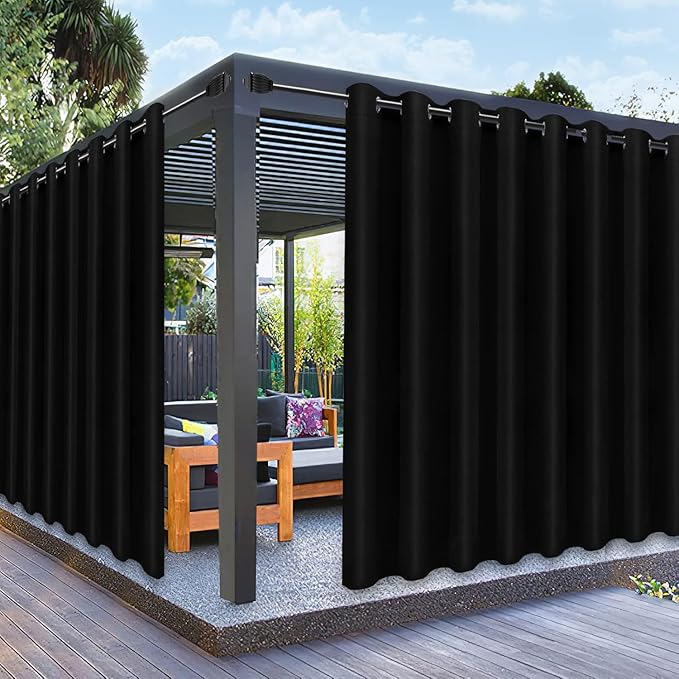 PureFit Outdoor Curtains for Patio Waterproof Weatherproof, UV Resistant Outside Curtains for Gazebo, Front Porch, Pergola, Sun Blocking Privacy Curtain, 120W x 95L inch, 1 Panel, Black PureFit